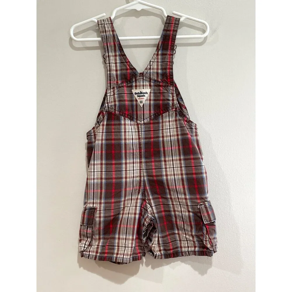 OshKosh B'gosh Plaid Vestbak Bib Overall Shorts Baby 18Mos Brown